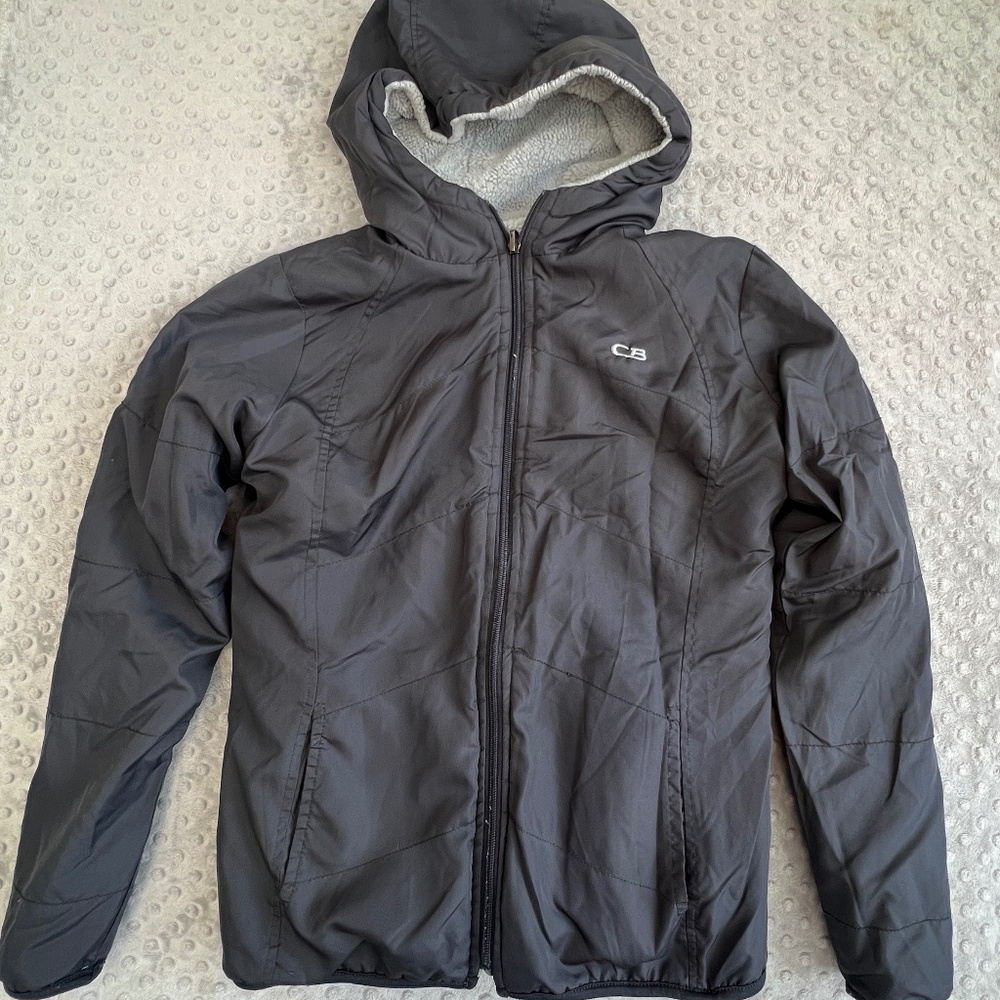 CB Women's S Dark Gray Reversible to Light Gray Fleece Hood Jacket Zip Pockets